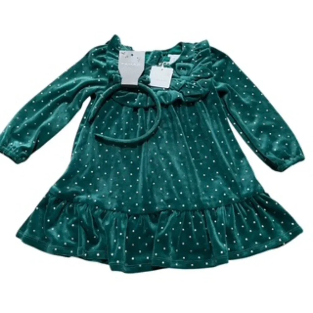 New Tahari Dress Girls Size 2 Green Velour Velvet With Gold Studs & Headband NWT